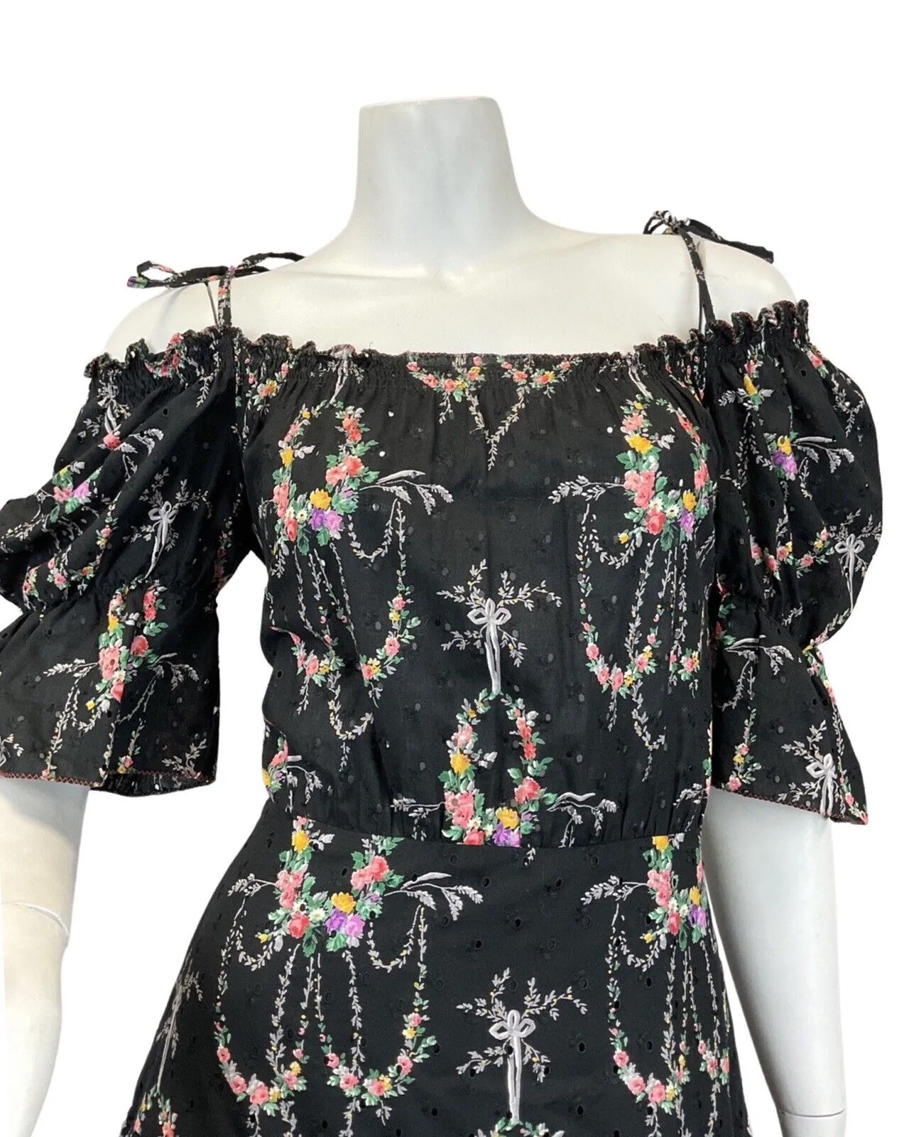 VINTAGE 60s 70s BLACK WHITE PINK FLORAL DITSY BOHO PRAIRIE MAXI DRESS 10