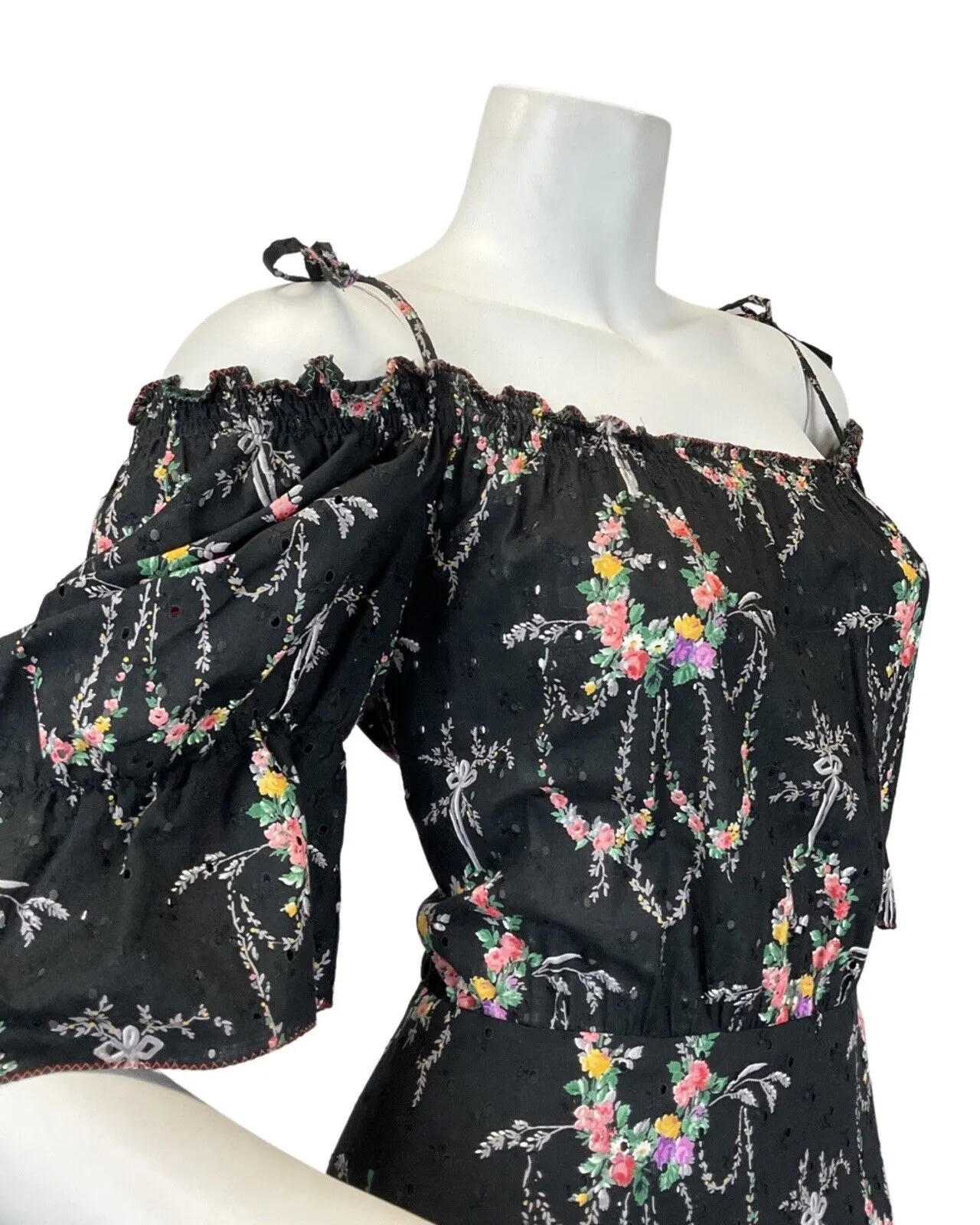 VINTAGE 60s 70s BLACK WHITE PINK FLORAL DITSY BOHO PRAIRIE MAXI DRESS 10