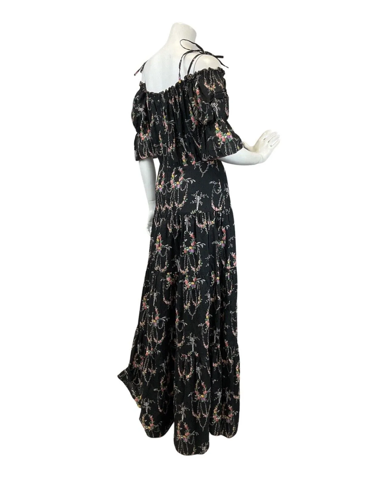 VINTAGE 60s 70s BLACK WHITE PINK FLORAL DITSY BOHO PRAIRIE MAXI DRESS 10