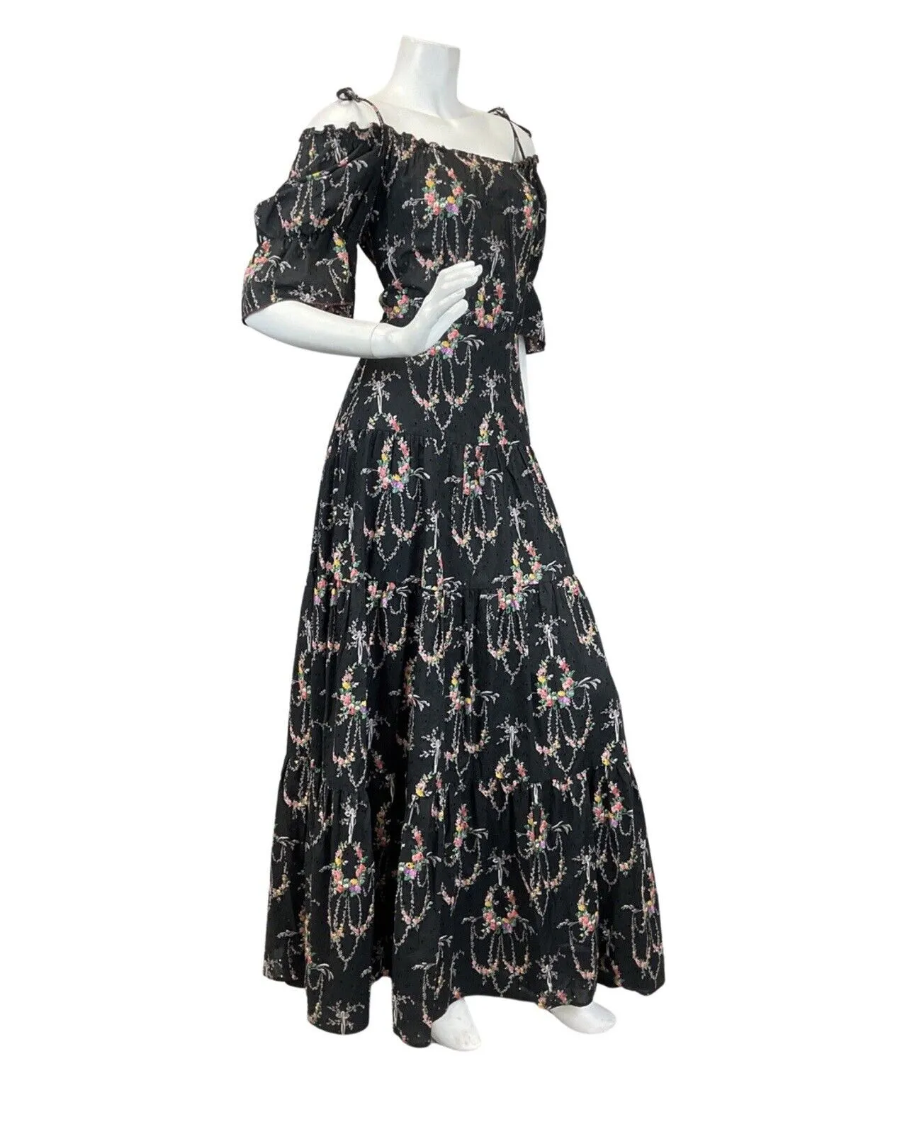 VINTAGE 60s 70s BLACK WHITE PINK FLORAL DITSY BOHO PRAIRIE MAXI DRESS 10