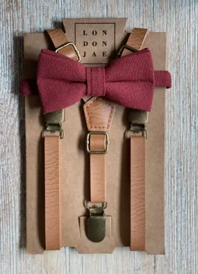 Vintage Tan Suspender with Terracotta Bow Tie Set