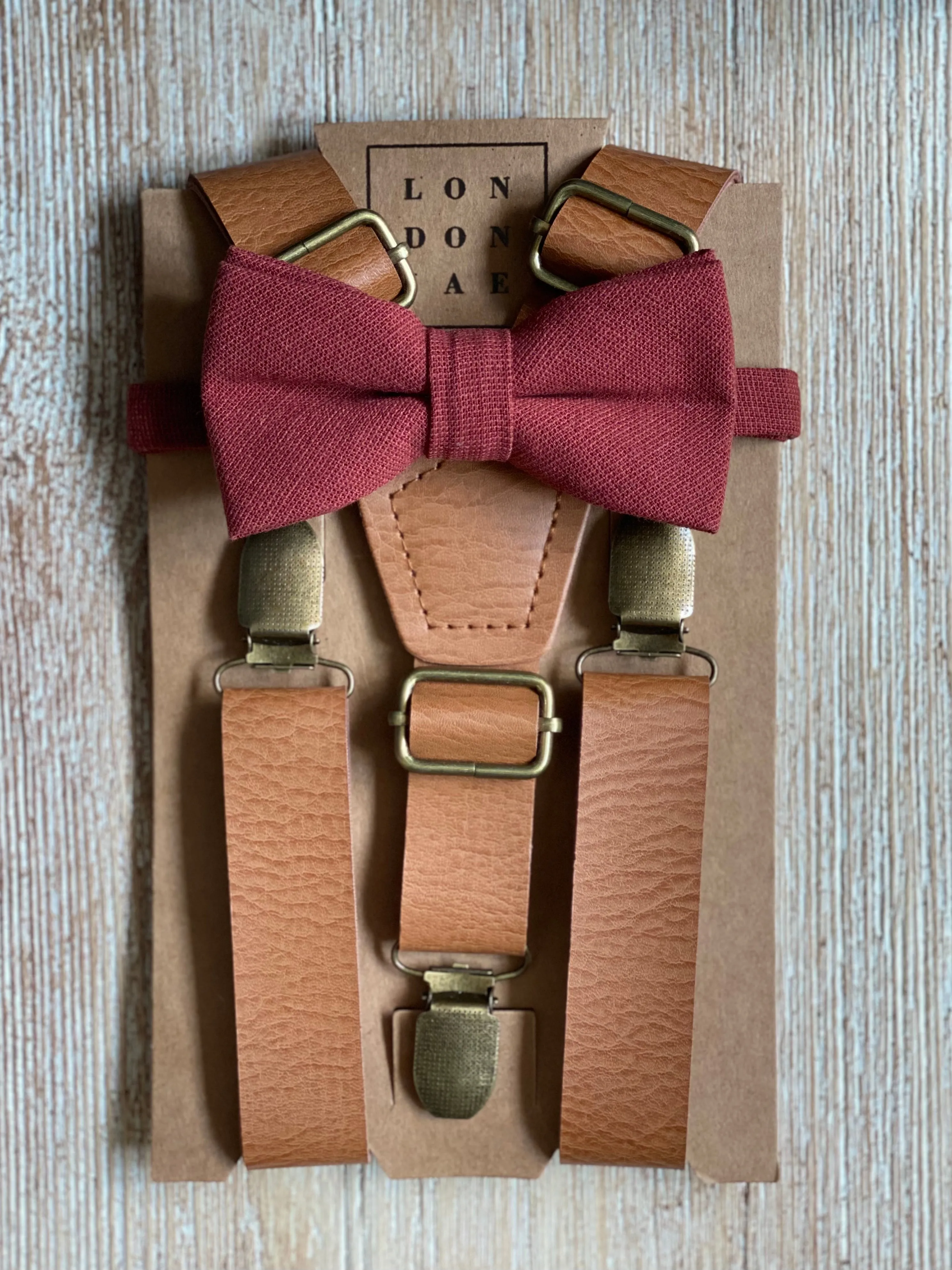 Vintage Tan Suspender with Terracotta Bow Tie Set